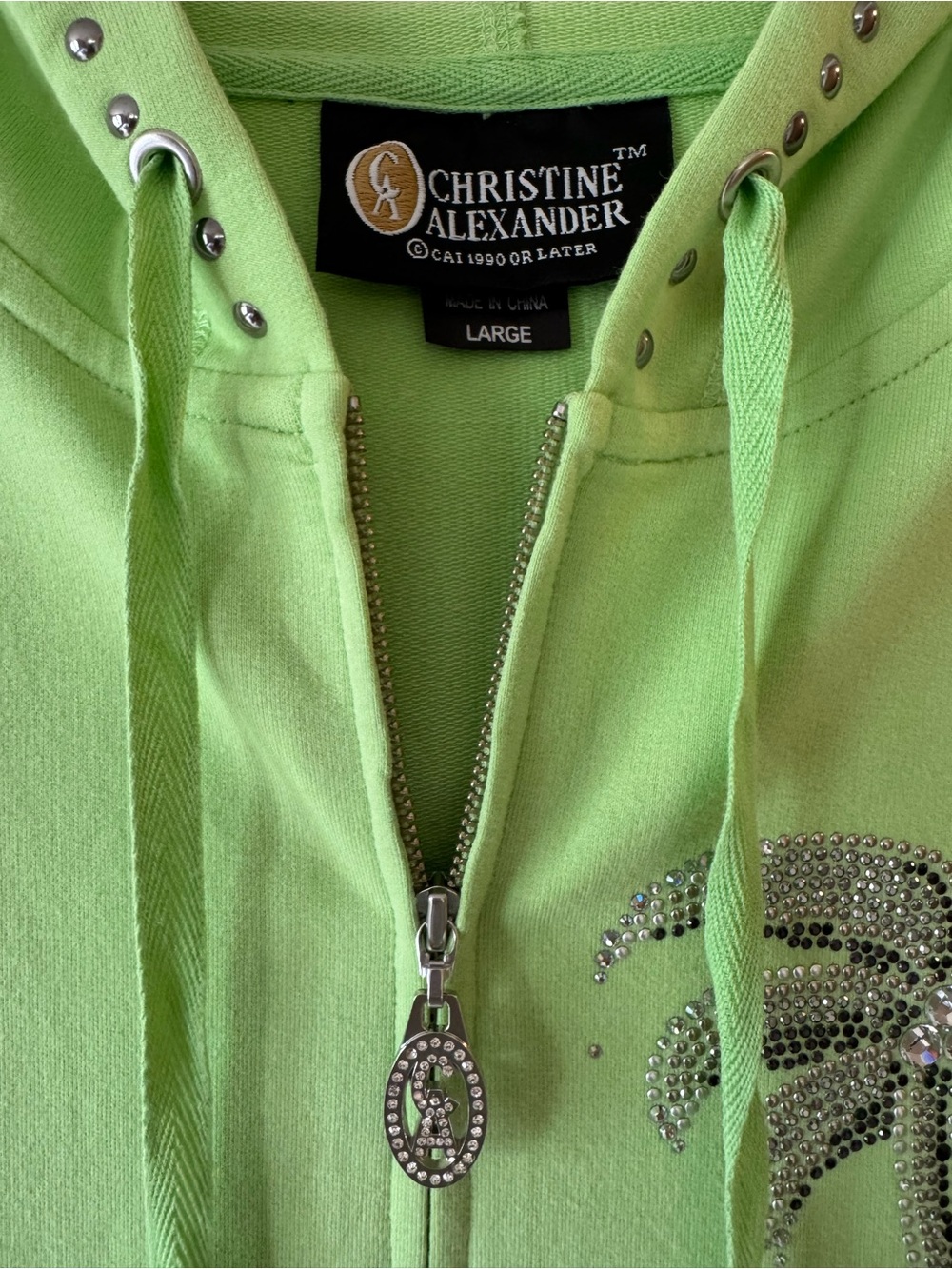 NWT-Christine Alexander Lime Green Zip Hoodie with Stud Accents-Size Large - Picture 6 of 10